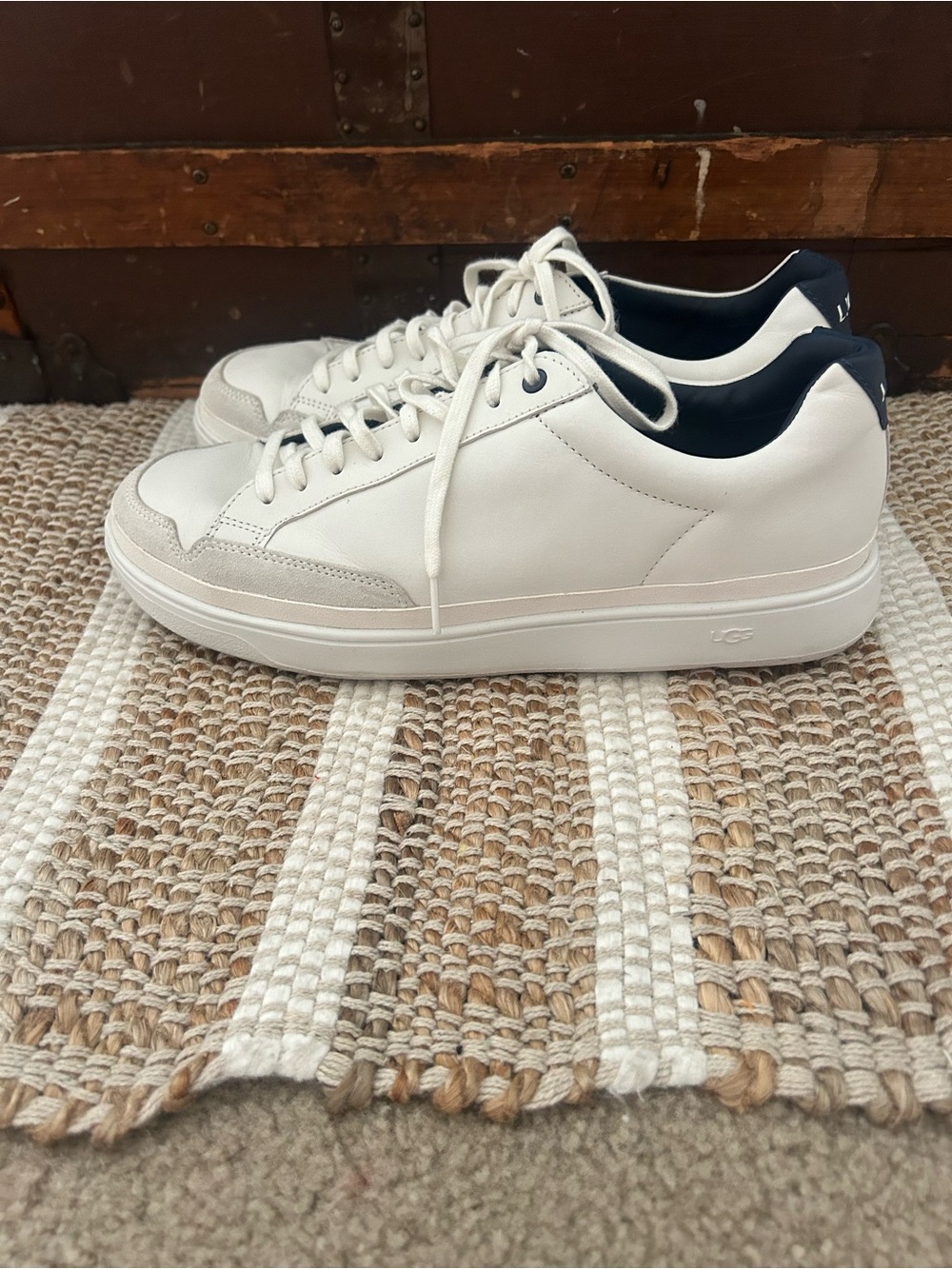 UGG White Leather Low-Top Sneakers with Navy Heel